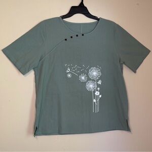 Women's Green Dandelion Print Casual T-Shirt with Button Detail 2XL